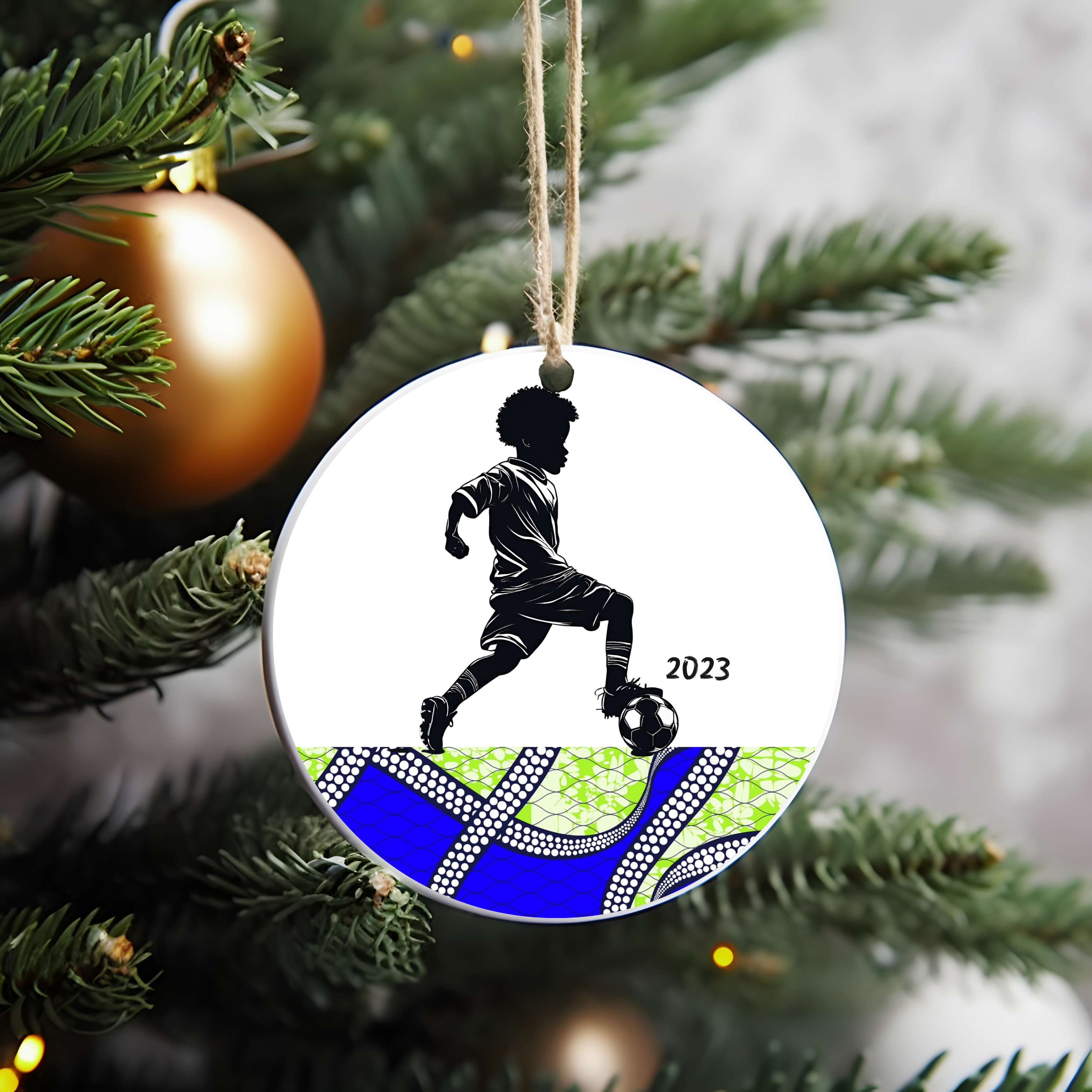 Christmas Ornament for Soccer Player & Fan (Boy) - African Print Inspired