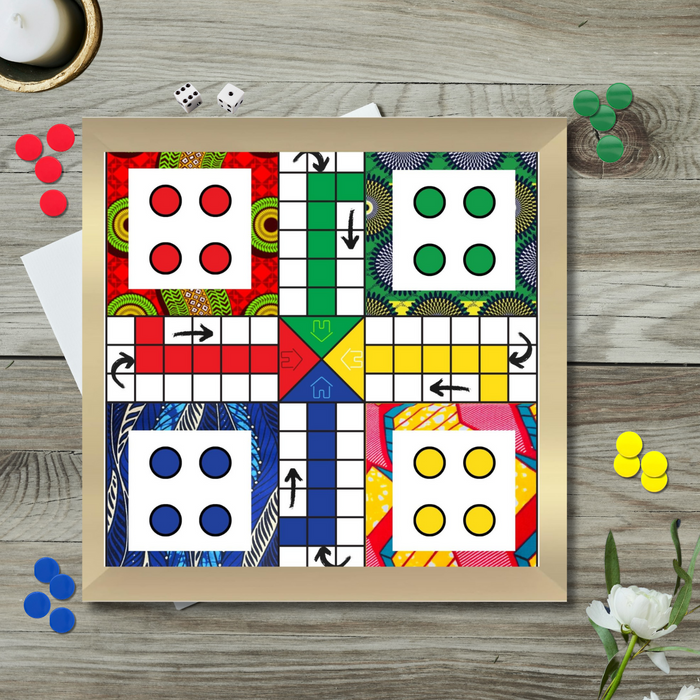 Brass Ludo Board Game, Deluxe 14"x14" African Print Edition