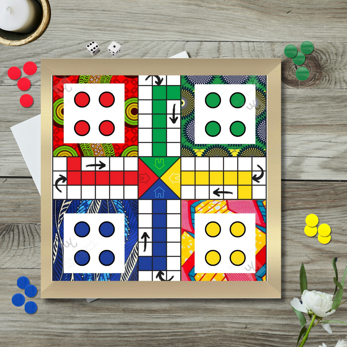 Brass Ludo Board Game, Deluxe 14"x14" African Print Edition