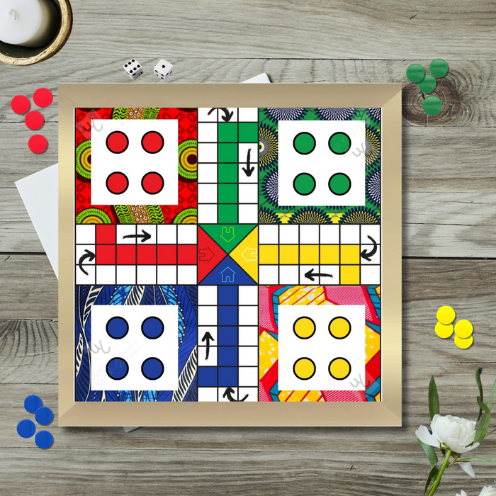 Brass Ludo Board Game, Deluxe 14"x14" African Print Edition